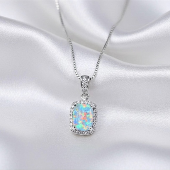 3Ct Cushion Cut Fire Opal Diamond Halo Pendant 18" Necklace Sterling Silver - Picture 7 of 10